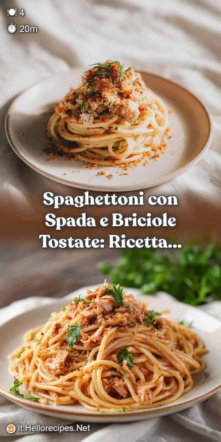 Close-up of spaghettoni with tender swordfish. Golden-brown toasted breadcrumbs add texture; fresh herbs provide a bright ...