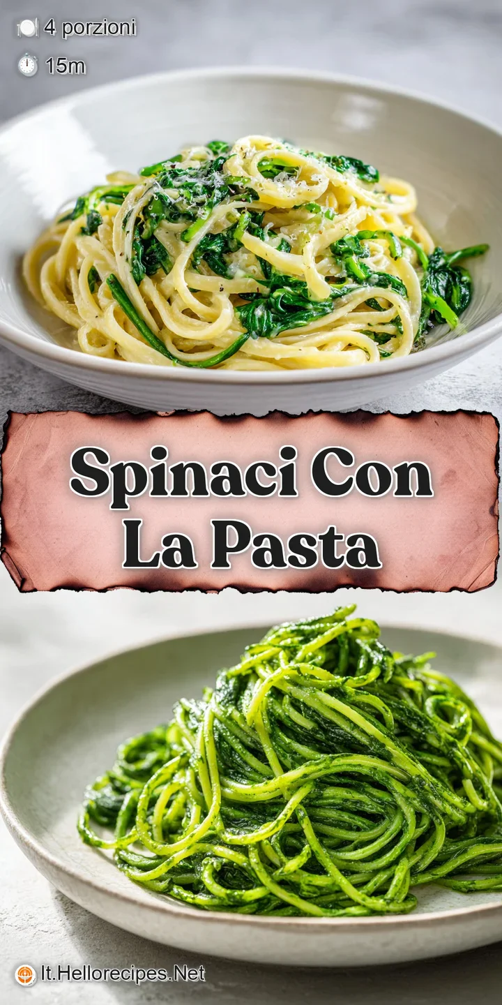 Close-up of spinach and pasta strands, steaming slightly. Freshly grated parmesan cheese melts into the verdant sauce.