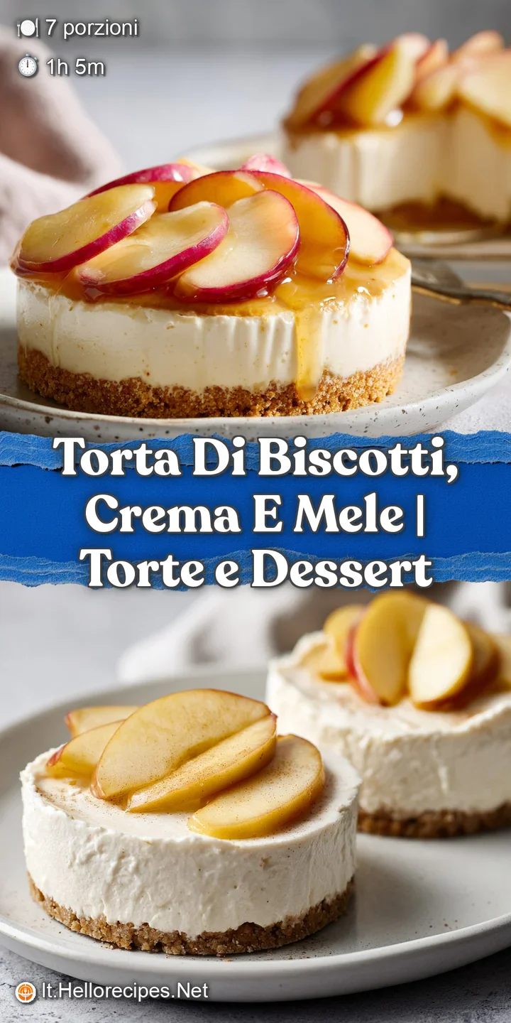 Primo piano di strati di crema chiara e mele caramellate, con una texture morbida e una base di biscotto ambrato.