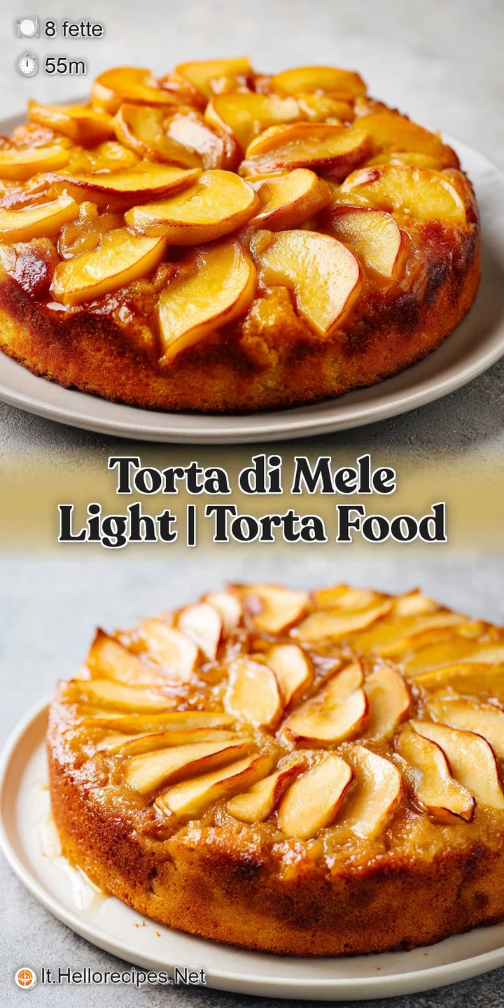 Primo piano di una torta umida e dorata, con fette di mela lucide e succose che emergono da un impasto soffice e chiaro.