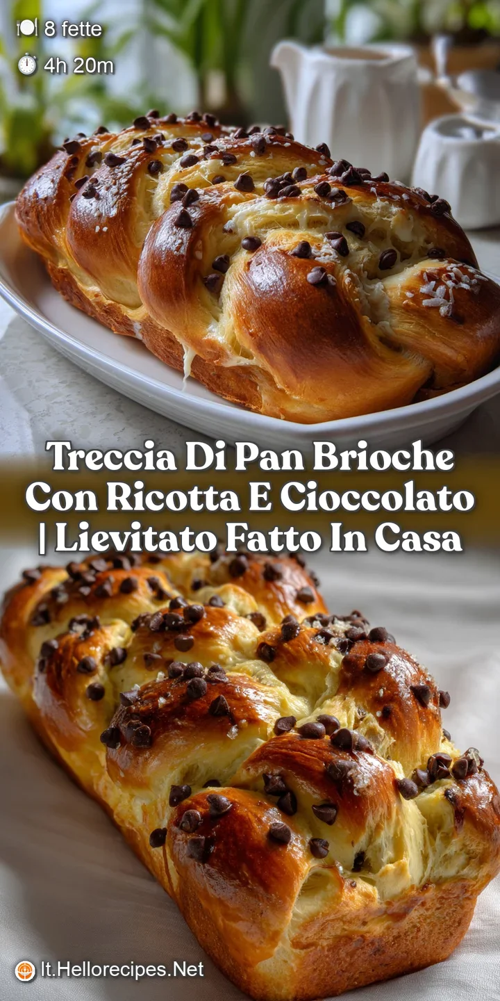 Close-up of a tender brioche braid revealing a soft, creamy ricotta filling. The golden crust offers a delightful contrast...