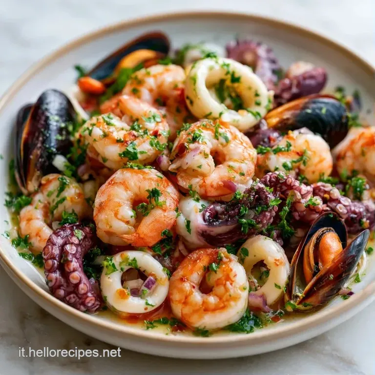 Composizione raffinata di crostacei e molluschi su piatto bianco, impreziosita da gocce di olio dorato e foglie di prezzem...