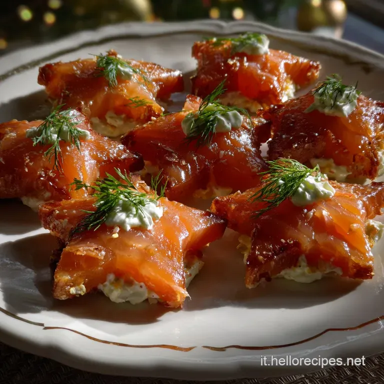 Elegant plate showcasing delicate ribbons of smoked salmon, artfully arranged with capers, lemon wedges, and a drizzle of ...