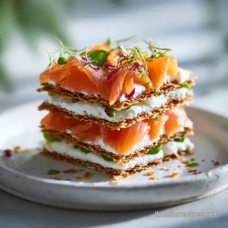 Elegant salmon appetizer plate: layered textures of flaky fish, soft cheese, and toasted bread, topped with fresh herb spr...