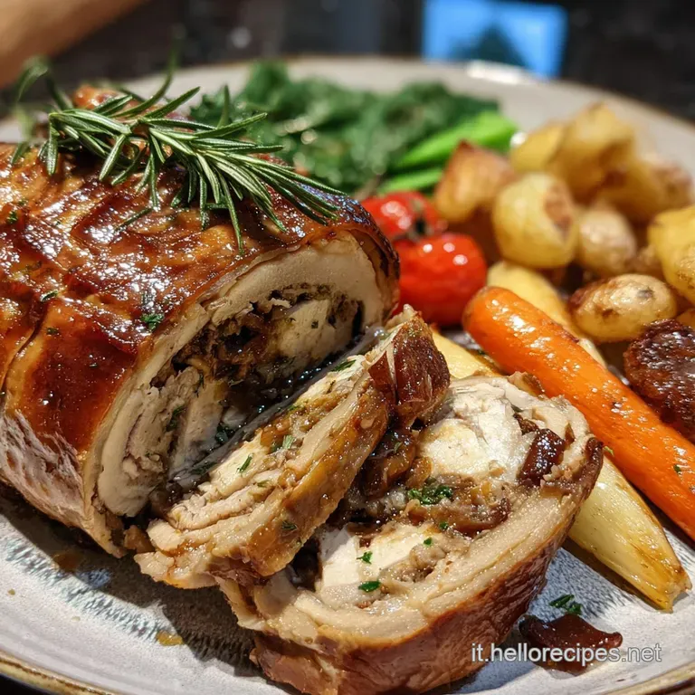 Elegant slices of stuffed roast with a rich, dark sauce, artfully plated with vibrant green vegetables and a sprig of rose...