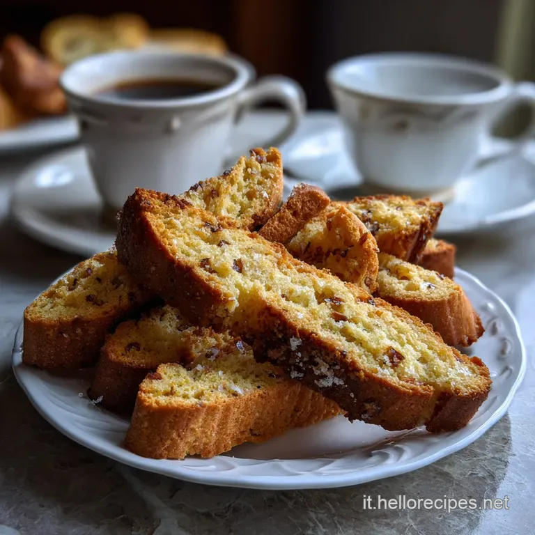 Elegant biscotti, arranged on a white plate. The cookies showcase a perfect golden hue, with visible, textured edges for v...