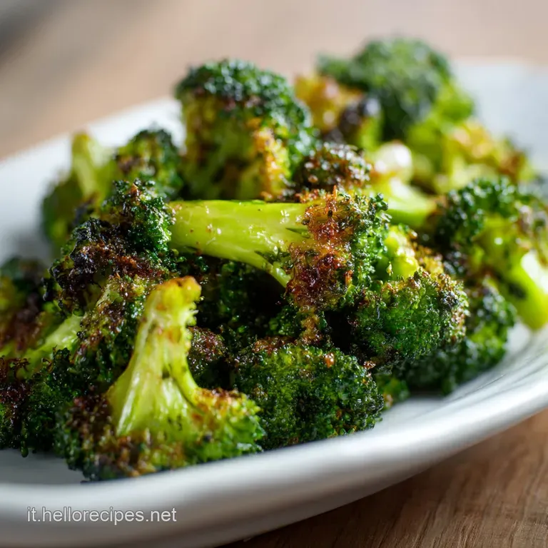 Creamy broccoli florets with a crisp, golden Parmesan topping, artfully plated with a sprig of fresh herbs for a sophistic...