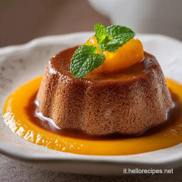 A perfectly smooth, deep orange persimmon pudding, elegantly served in a clear glass ramekin, adorned with a single mint l...