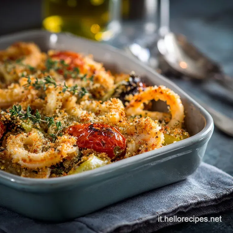 Calamari E Gamberi Gratinati Con Verdure Tesori Del Mare in Crosta Aromatica presentation