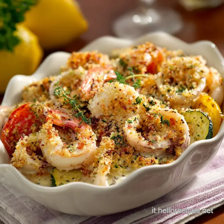 Calamari e gamberi gratinati con verdure Tesori del mare in crosta aromatica