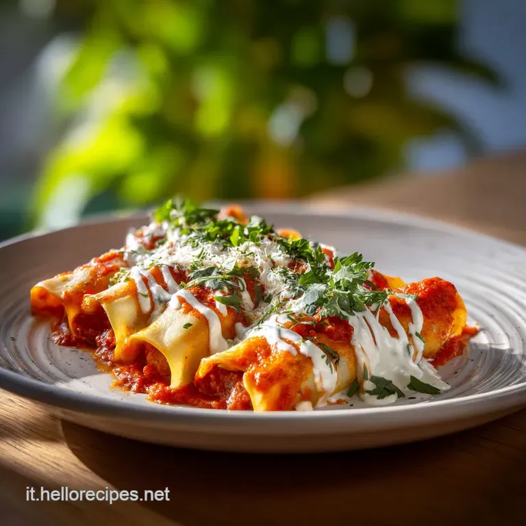 Two cannelloni elegantly plated. Rustic tomato sauce, grated parmesan, basil garnish. Steaming, flavorful, inviting!