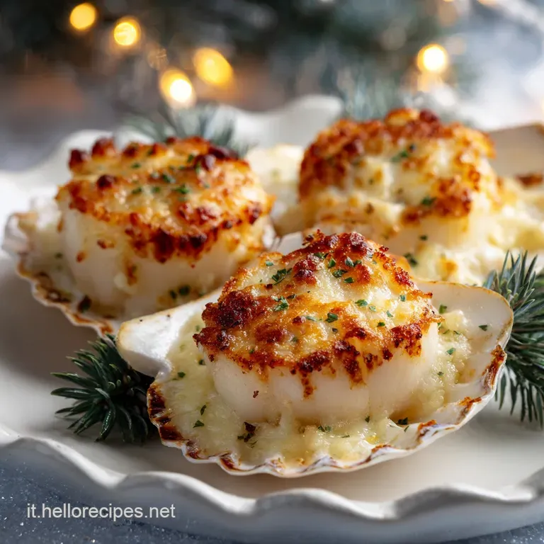 Elegant plate showcasing a perfectly seared scallop atop creamy white sauce, garnished with a bright green sprig and a dri...