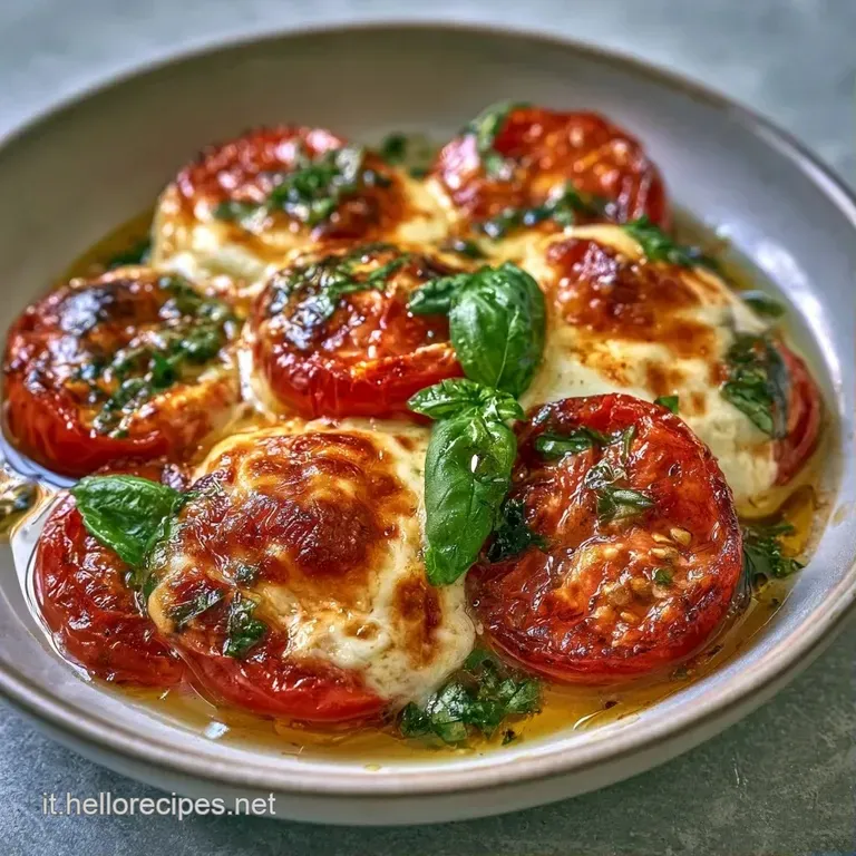 Piatto bianco con contrasti di rosso e verde, formaggio fuso e bordi bruniti, guarnito con basilico e olio lucido.