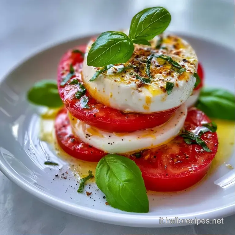 Disposizione ordinata di mozzarella cremosa e pomodori rosso vivo su piatto bianco, guarnita con basilico e olio.