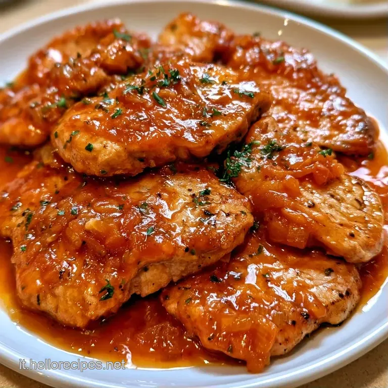 Piatto bianco con carne morbida nappata di sugo rosso denso, guarnita da un filo d'olio lucido e prezzemolo tritato fine.