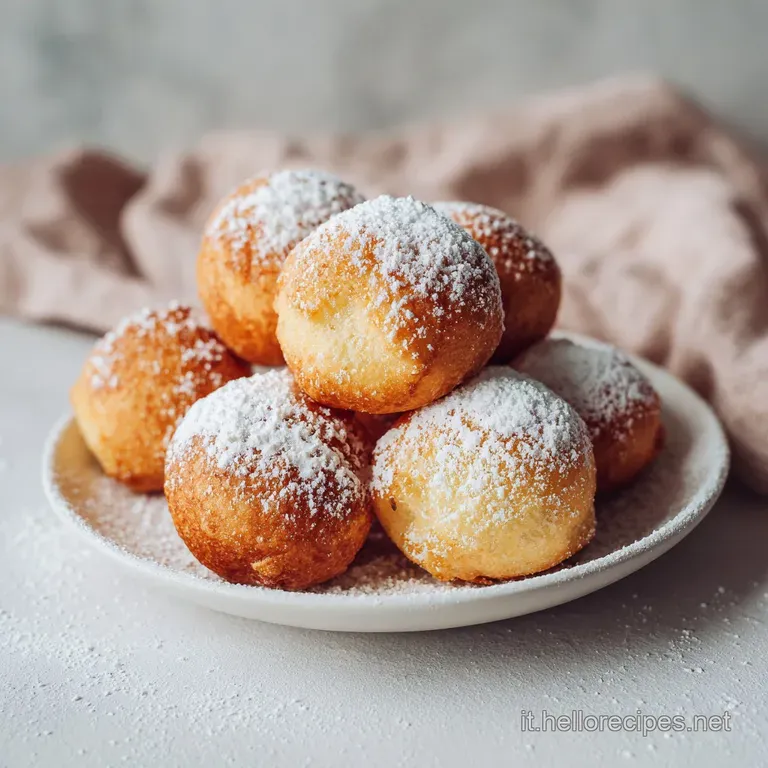 Delicate, light golden-brown fritters arranged artfully on a white plate, dusted with confectioners' sugar.