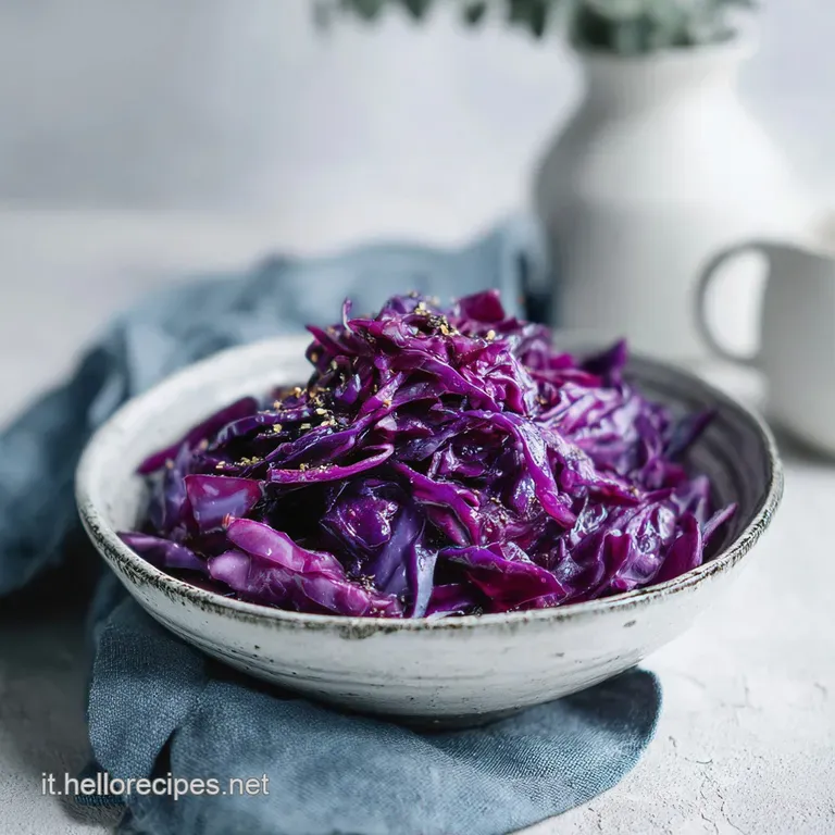 Garnet-colored ribbons of braised cabbage elegantly mounded on a white plate, glistening with a light, savory glaze.
