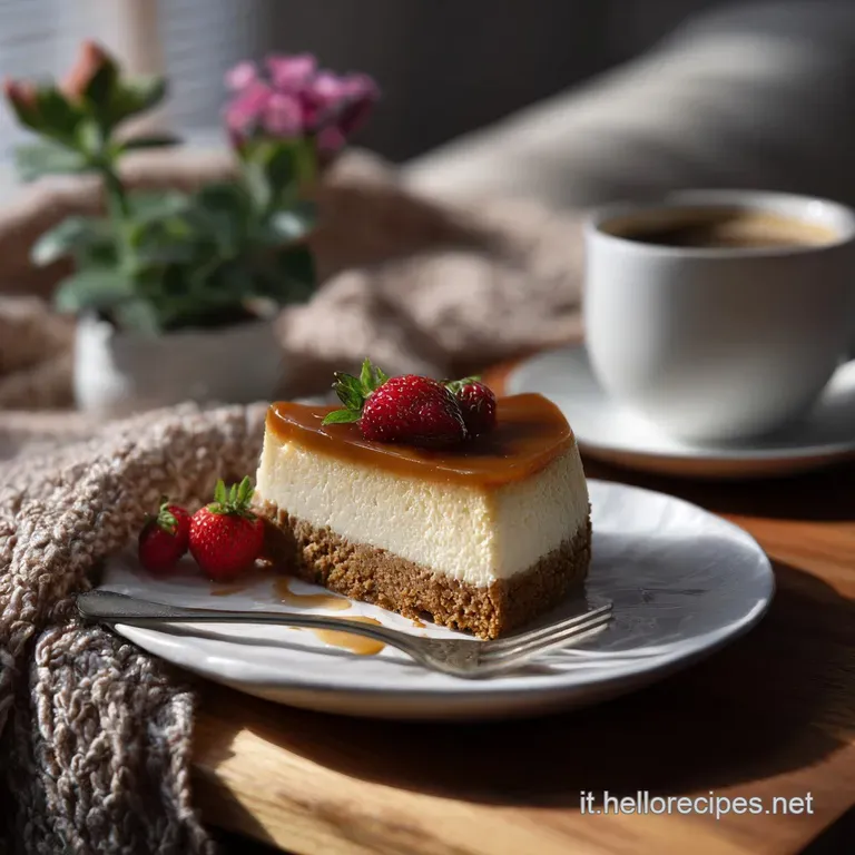 A single slice of the cheesecake sits elegantly on a white plate, garnished with coffee beans and a drizzle of espresso.