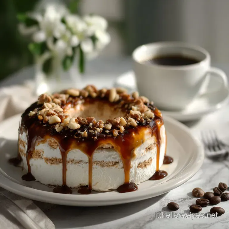 Elegant slice of chilled ciambella showcasing the layered interior with a drizzle of coffee syrup and a coffee bean.