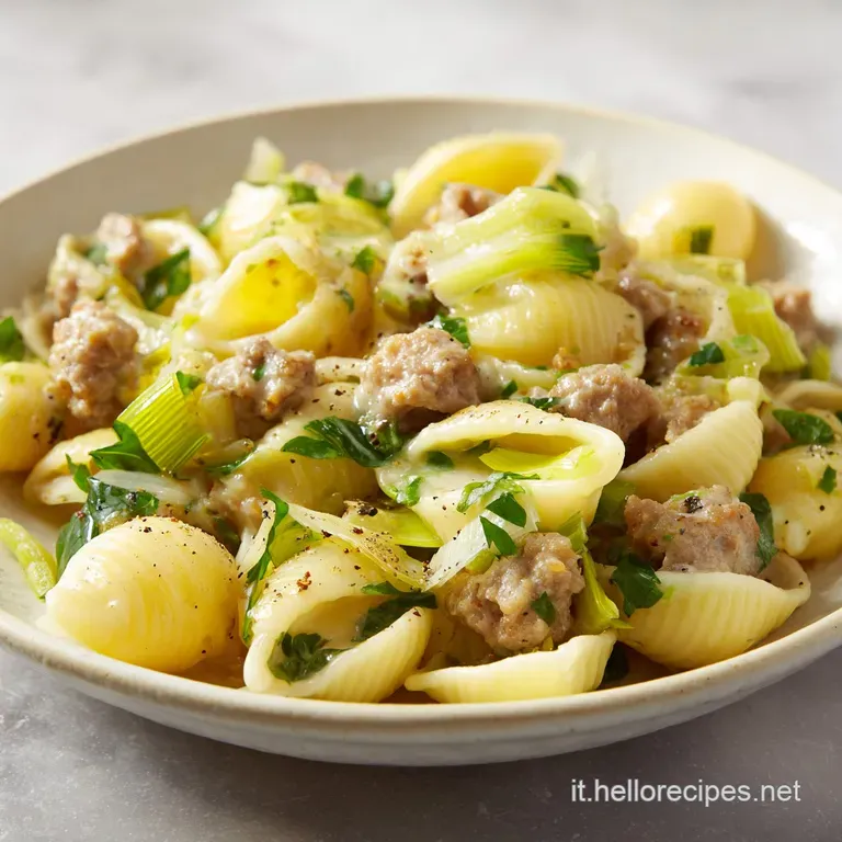 A rustic ceramic dish overflowing with creamy baked pasta, topped with vibrant green herbs.