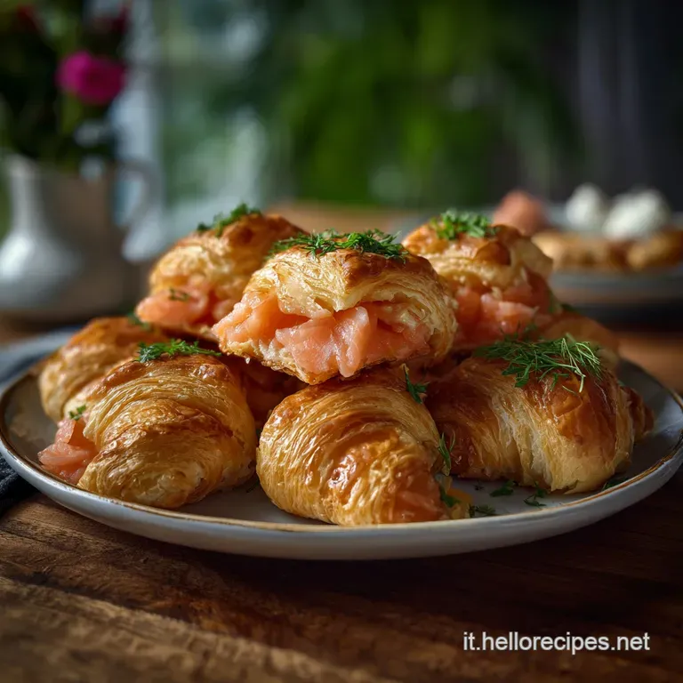 Delicate salmon-filled pastry horns on a slate plate. The vibrant pink salmon contrasts with the golden pastry and fresh d...