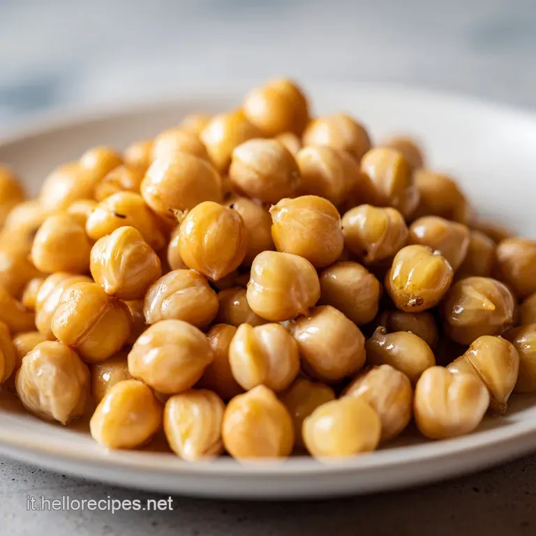 Creamy, pale brown chickpeas artfully plated, drizzled with golden olive oil, garnished with bright green herbs on a white...