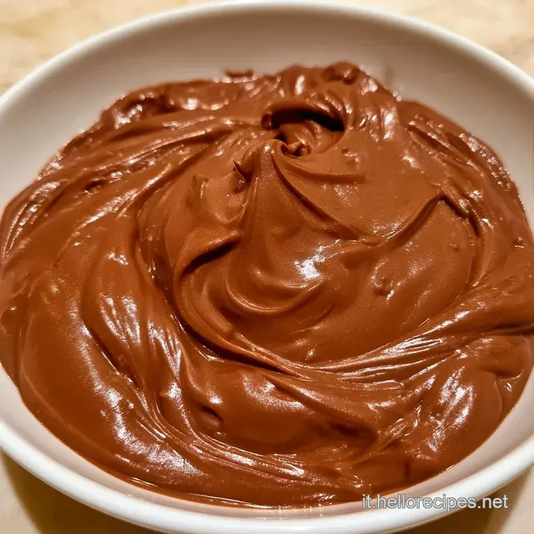 Una coppa di vetro con crema densa color cacao, decorata con un lampone rosso brillante e una foglia di menta fresca.
