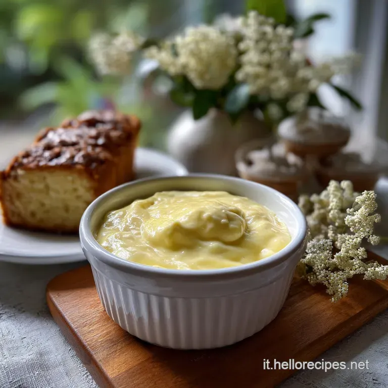 Elegant small glass ramekin filled with a vibrant yellow custard, garnished with fresh berries and a sprig of mint, ready ...