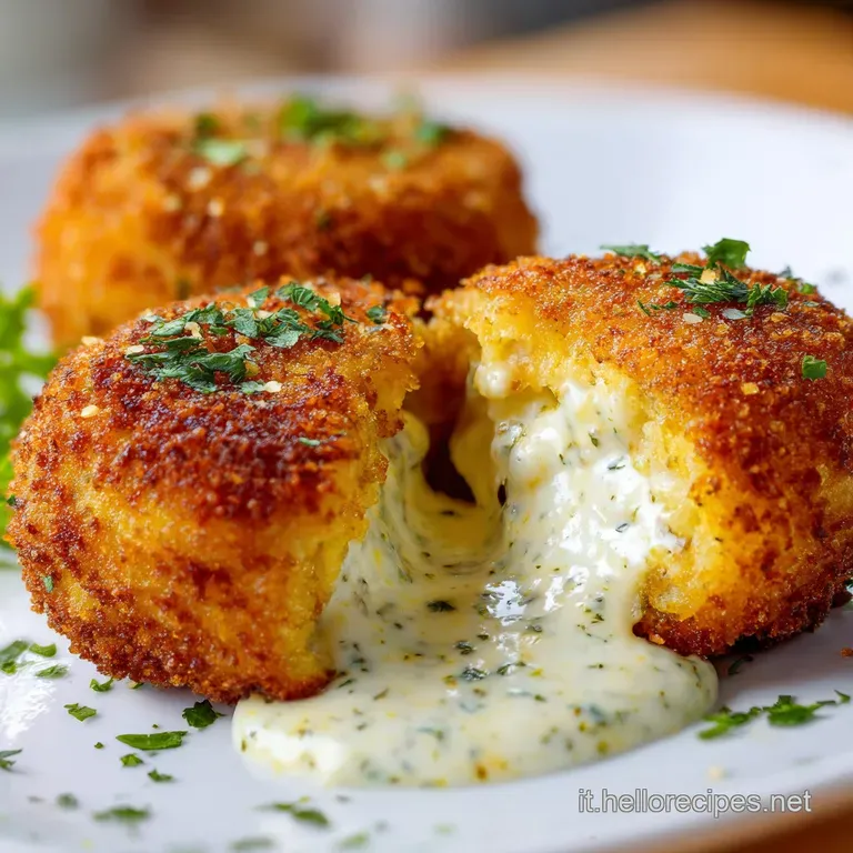 A neat stack of golden croquettes garnished with fresh parsley, served alongside a dipping sauce.