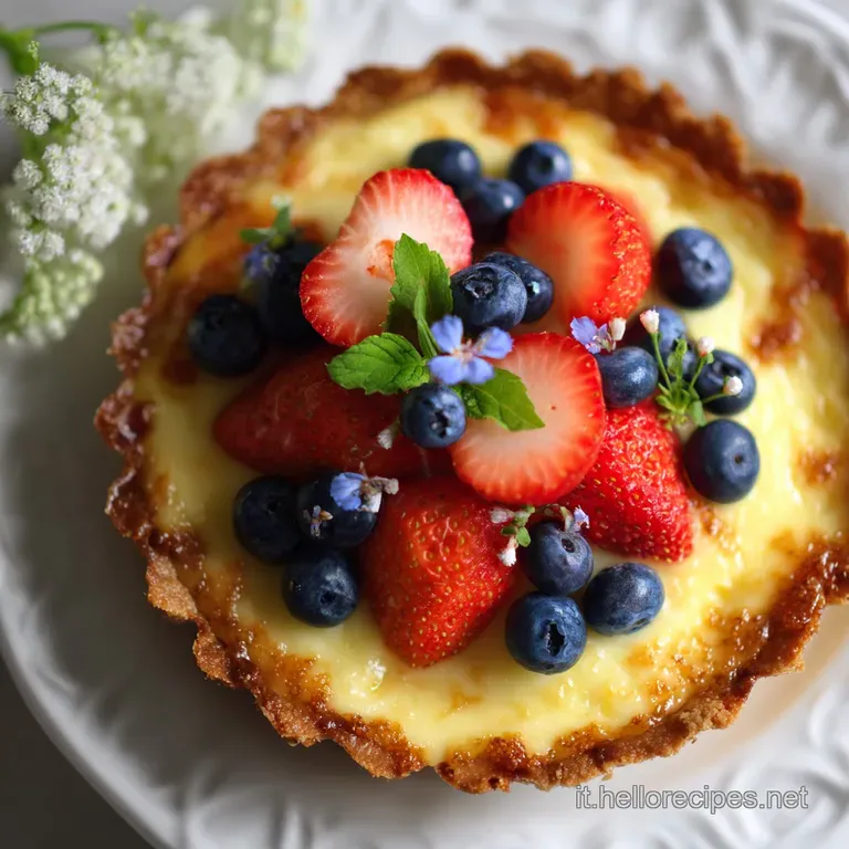 A slice of golden crostata with a tender, crumbly crust, delicately arranged on a white plate.