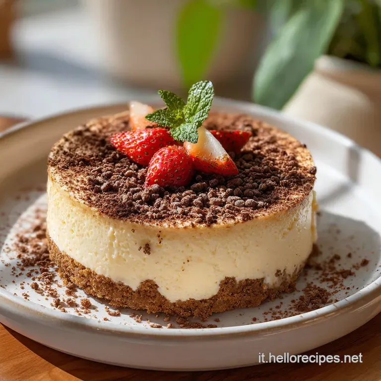 A slice of layered biscuit and cream dessert on a white plate, topped with a dusting of cocoa.
