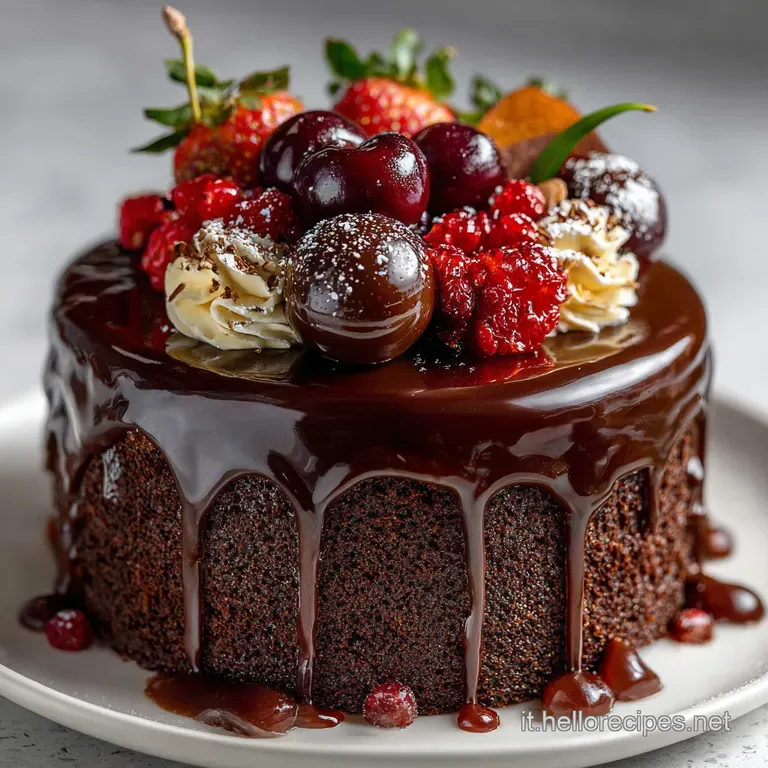Slice of decadent chocolate cake with glistening chocolate sauce, elegantly plated with a dusting of cocoa and sugared cra...