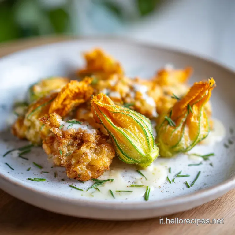 Four plump, golden zucchini blossoms, delicately fried, resting on a pristine white plate, garnished with a sprinkle of he...