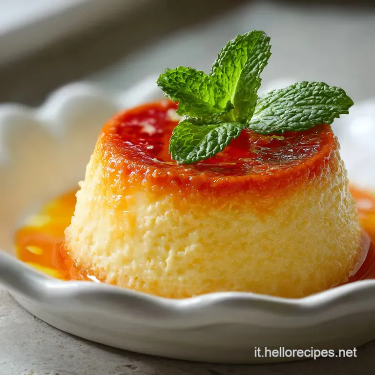 A delicate slice of amber flan, drizzled with rich caramel sauce, resting on a white plate.