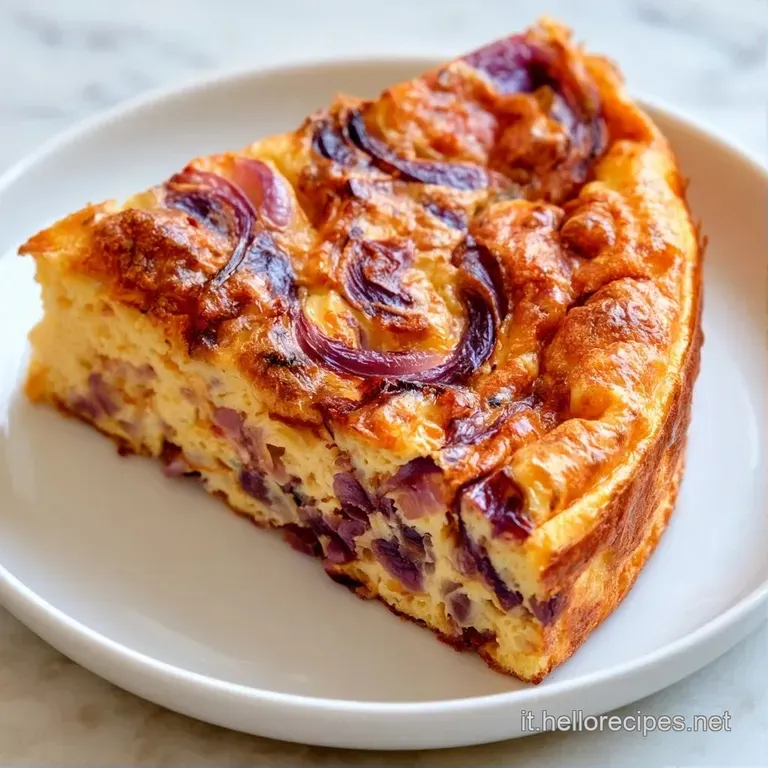 Fetta triangolare di torta salata gialla su piatto bianco, con cipolle morbide e bordi leggermente croccanti.