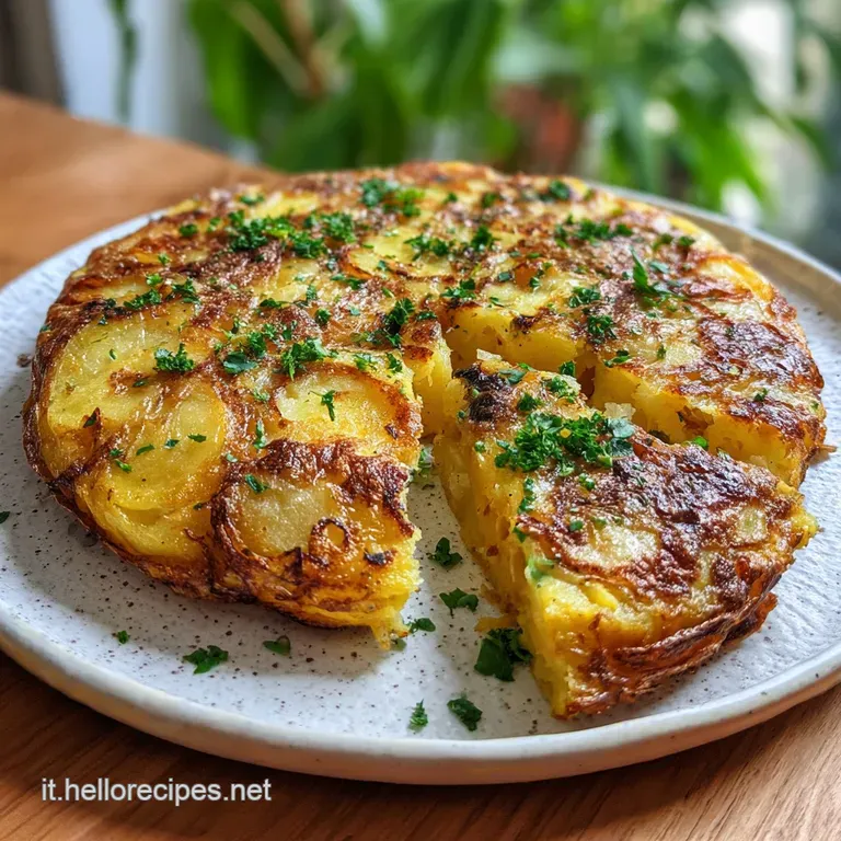 Slice of golden frittata on a white plate, steam rising. Potato chunks offer a delicious texture. Lightly oiled.