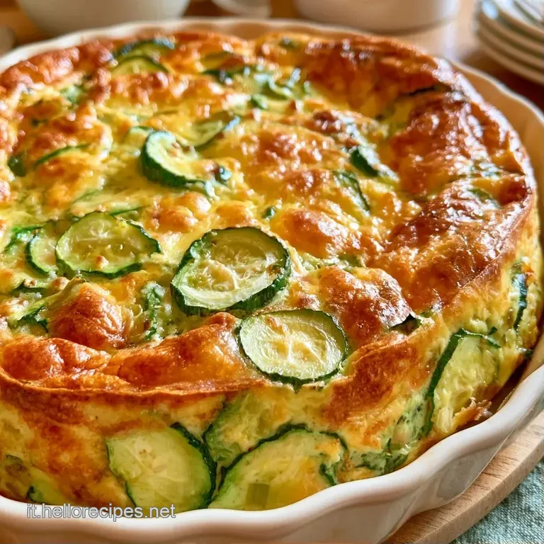 Spaccato di frittata dorata con zucchine verdi brillante su piatto bianco, decorata con foglioline di prezzemolo.