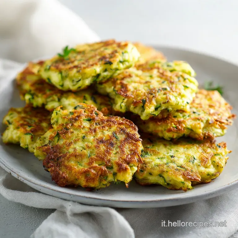 Delicate zucchini fritters artfully arranged on a plate with a sprig of fresh mint. A dusting of powdered sugar adds sweet...