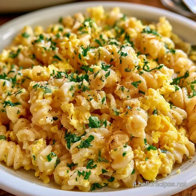 Pasta a spirale disposta con cura in un piatto bianco, coperta da uovo sbriciolato soffice e gocce di salsa vellutata.