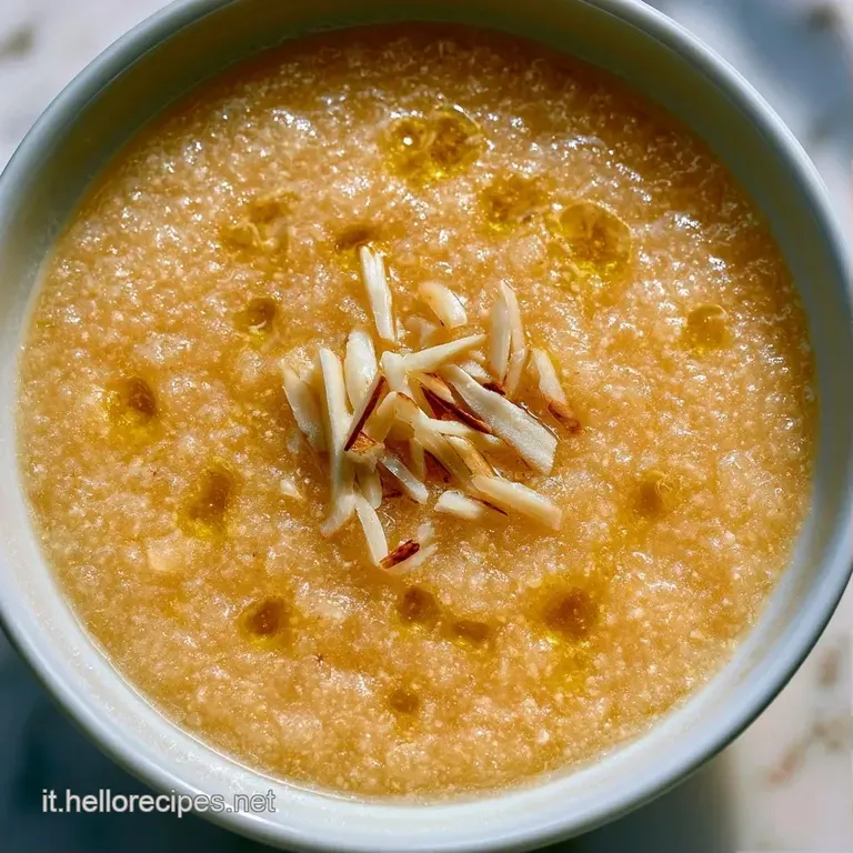 Crema vellutata color corallo in un calice di vetro con gocce di olio extravergine d'oliva lucido in superficie.