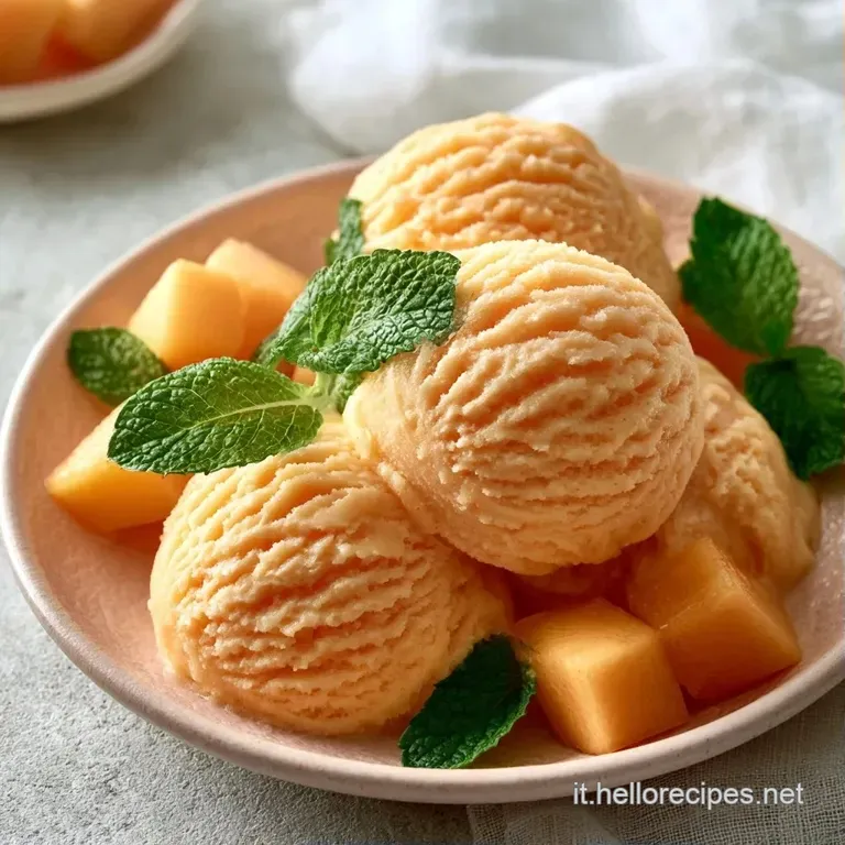 Gelato cremoso color arancio pallido in un piattino bianco, decorato con un rametto di menta e gocce di sciroppo lucido.