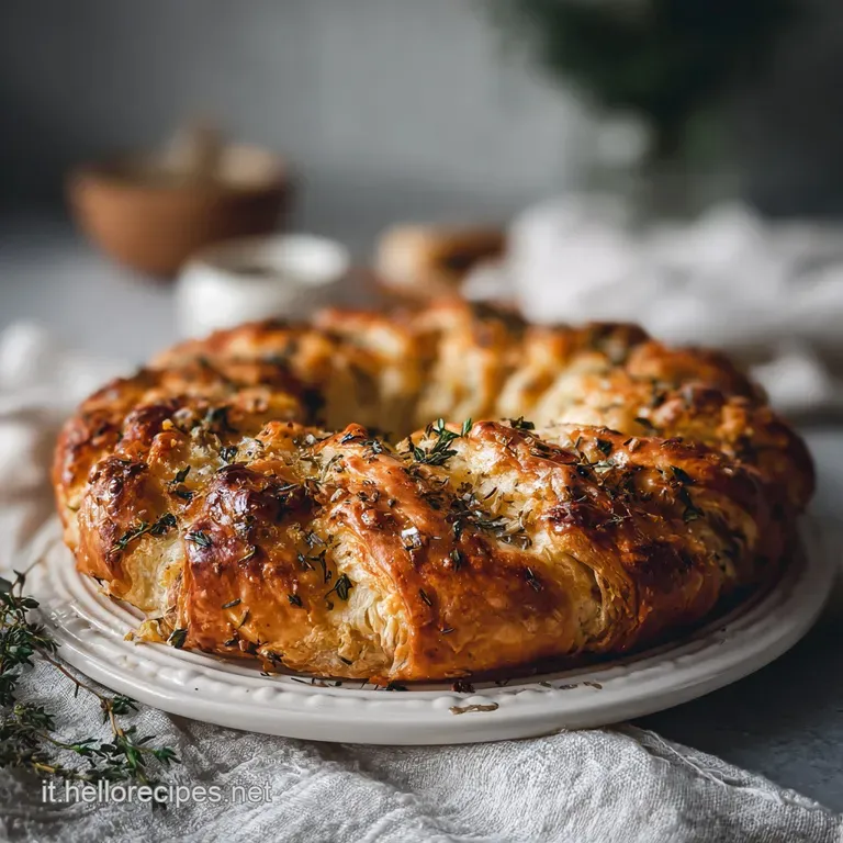 Elegant plate featuring a slice of the savory pastry. Delicate prosciutto and herbs are visible on a bed of fresh, bright ...