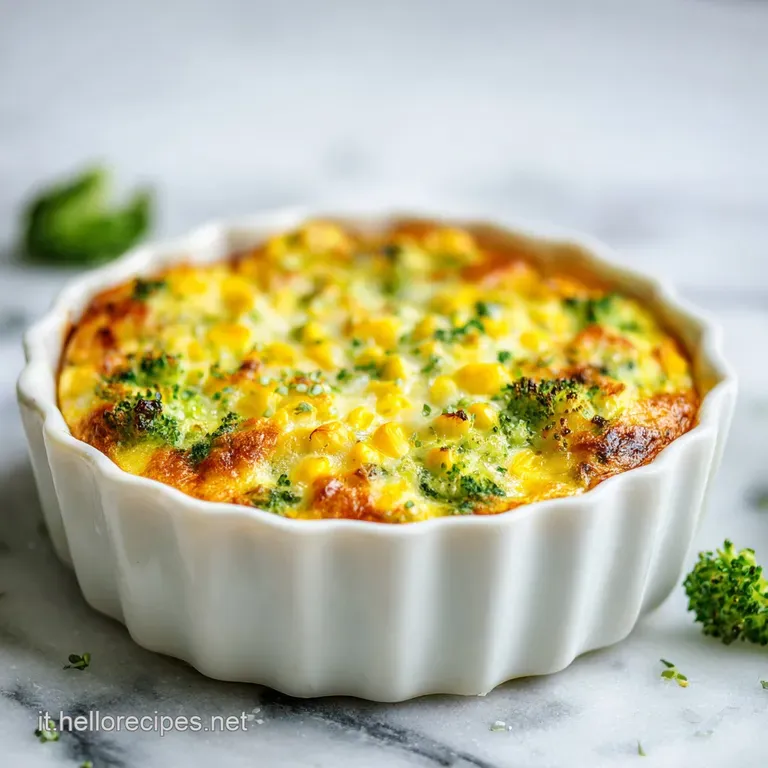 Pirofila bianca con broccoli verdi e mais giallo, sormontati da formaggio fuso e leggermente brunito in superficie.