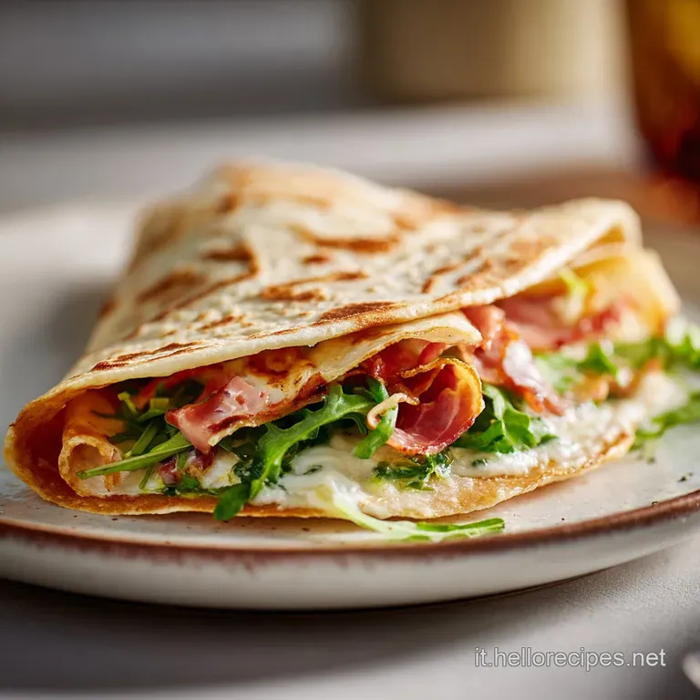 A warm piadina cut in half reveals layers of melted cheese, colorful vegetables, and thinly sliced prosciutto on a rustic ...