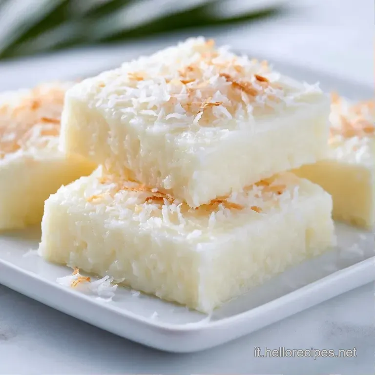 Budino di cocco bianco e vellutato in piatto di porcellana, decorato con una foglia di menta fresca e cocco tostato.
