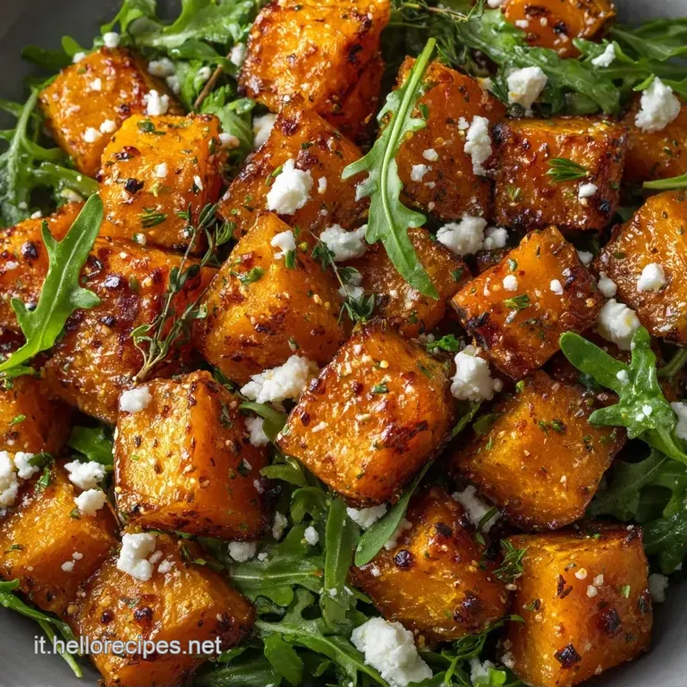 Composizione curata di zucca arrosto dorata, formaggio bianco cremoso e noci tostate su un letto di foglie verdi.