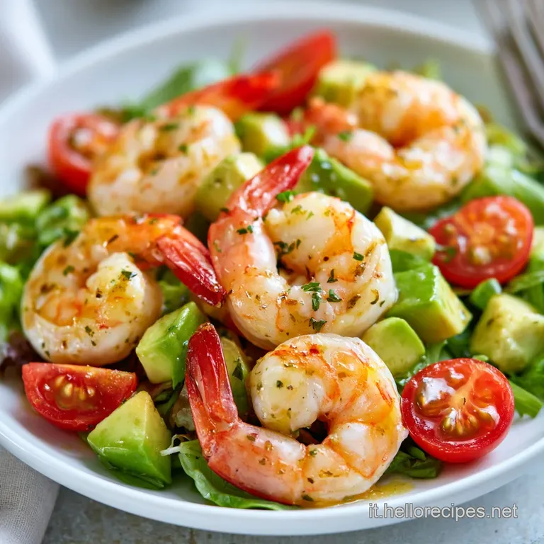 Composizione raffinata di gamberetti rosa e avocado a cubetti, guarnita con erbe aromatiche e un filo d'olio lucido.