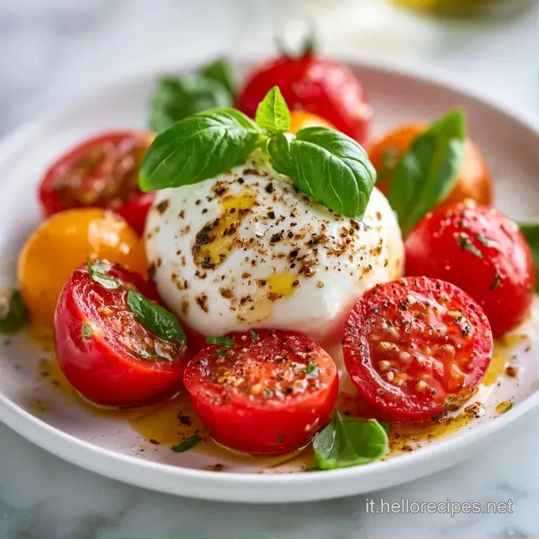 Disposizione elegante di fette di mozzarella morbida e pomodori succosi su piatto bianco con basilico e pepe nero.