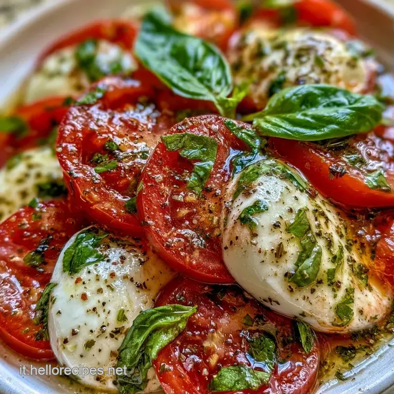 Disposizione ordinata di mozzarella cremosa e pomodori succosi, guarnita con basilico fresco su un piatto bianco lucido.