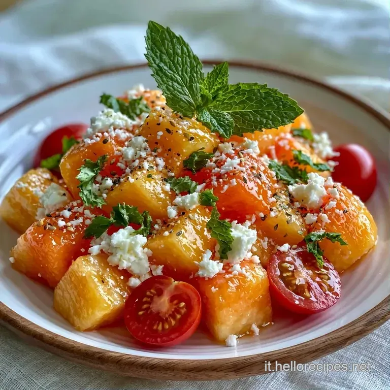 Cubetti di melone succosi disposti con cura su un piatto bianco, decorati con erbe aromatiche e un filo d'olio lucido.